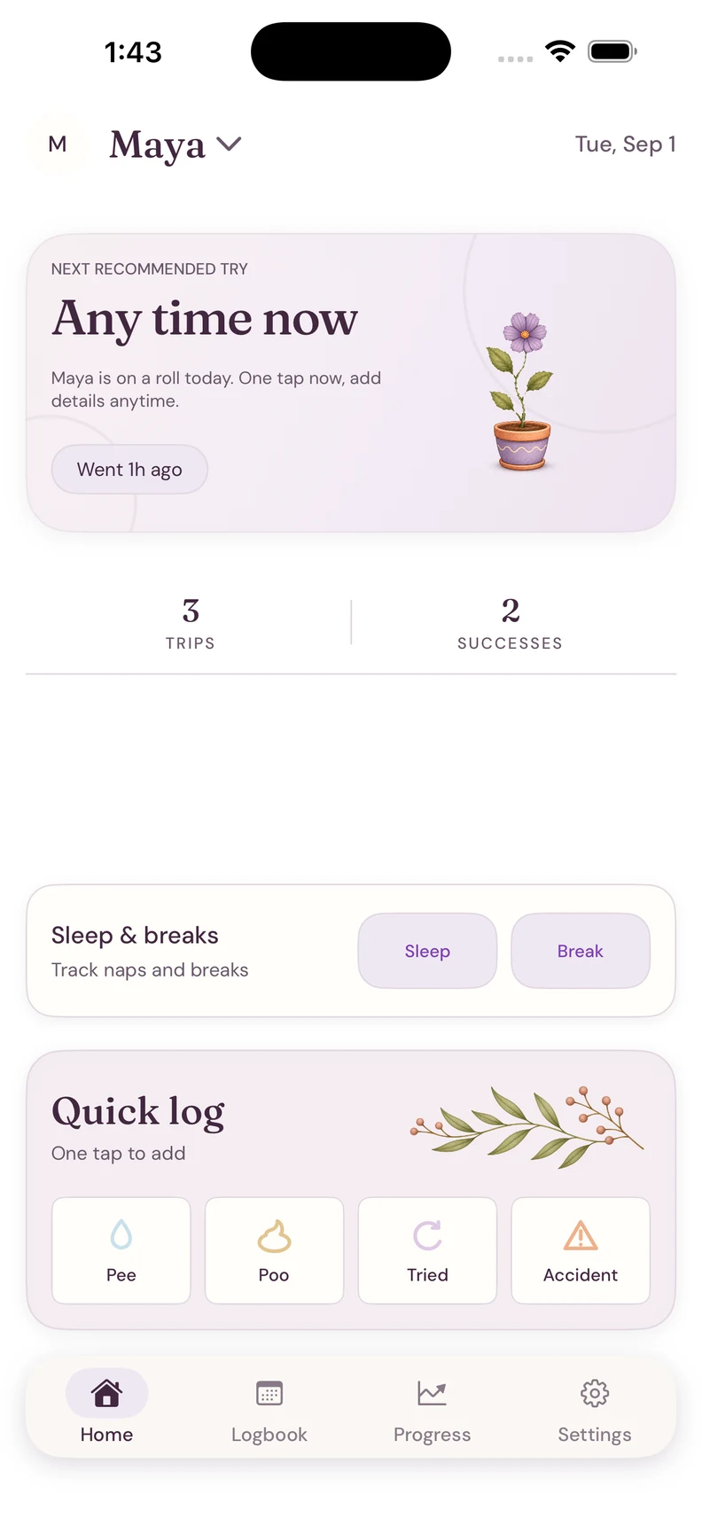 OneStepTwo on iPhone: next recommended potty try, sleep and breaks, and quick logging.