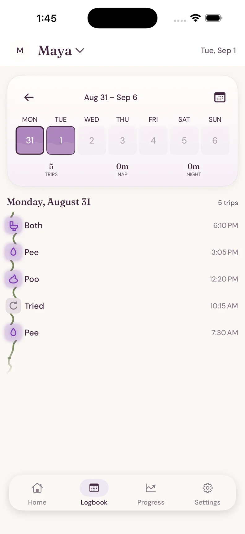OneStepTwo iPhone Logbook: a week calendar and a timeline of Maya’s potty trips.