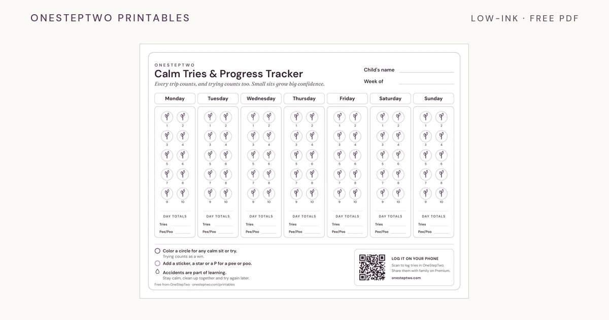 The Calm Tries & Progress Tracker sheet: a landscape weekly chart with a column for each day, ten try circles per day, day totals for tries and pee or poo, and a QR code to log tries in OneStepTwo.