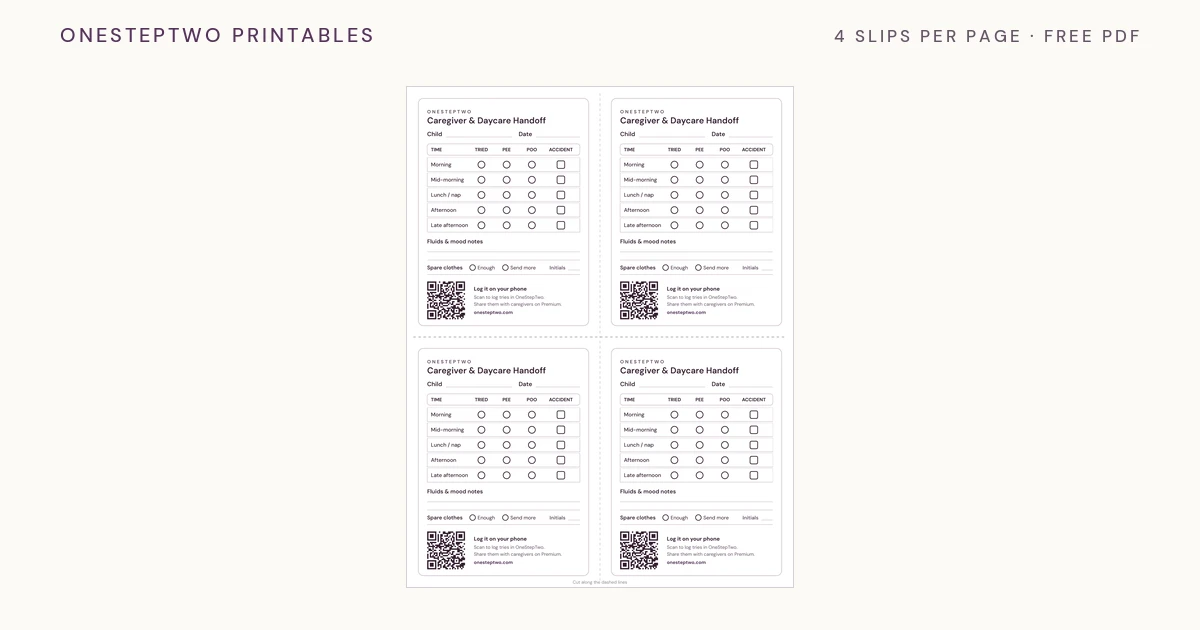 The Caregiver & Daycare Handoff sheet: four identical slips per page, each with rows from morning to late afternoon, circles for tried, pee and poo, a box for accidents, lines for fluids and mood notes, and a QR code.